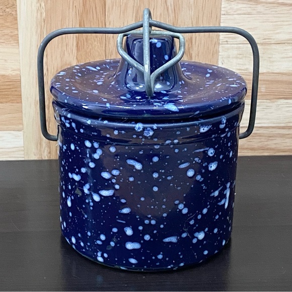 Vintage Stoneware Crock Speckled Cobalt Blue Butter Cheese Crock Jar Wired Lid - Picture 2 of 16